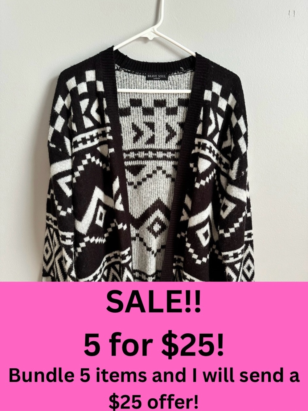 5/$25 Brave Soul Black & White Geometric Open Knit Cardigan